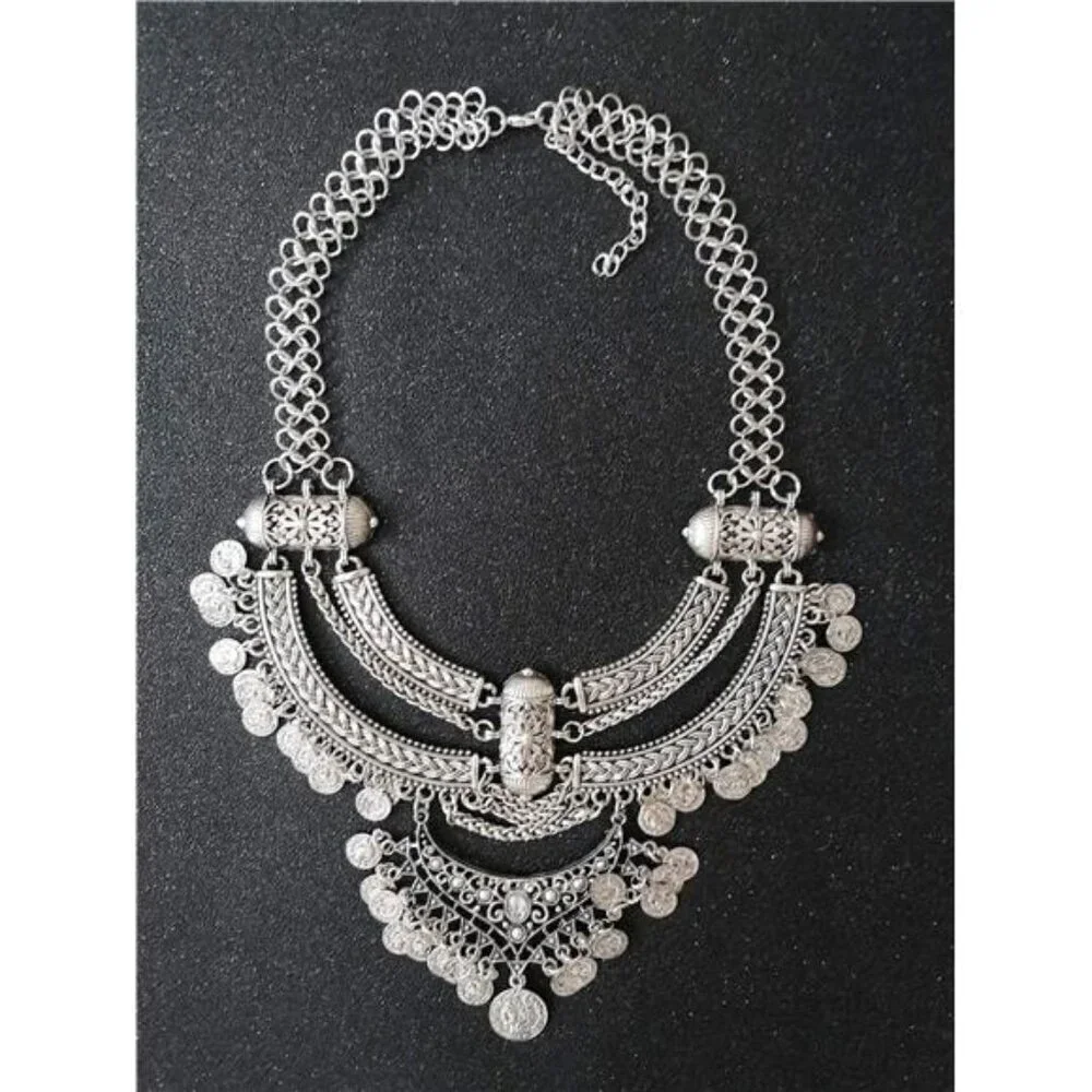 Women Vintage Bohemian Silver Gypsy Bib Chunky Festival Statement Coin Necklace